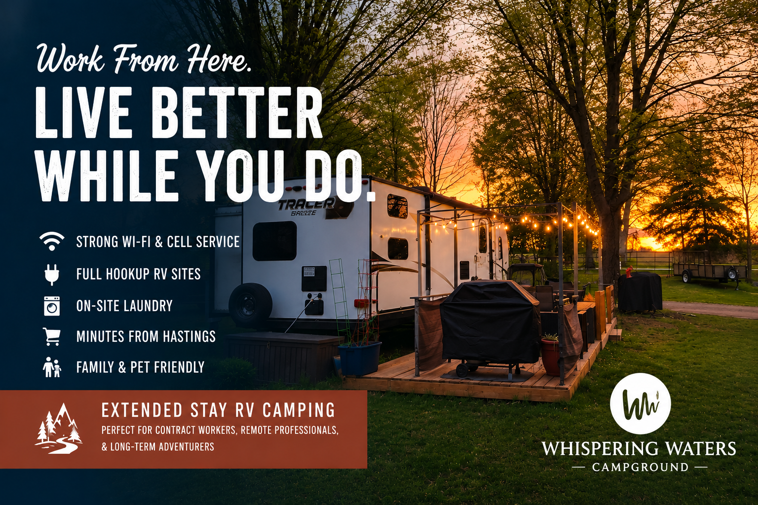 Extended stay RV camping at Whispering Waters Campground in Hastings, Michigan with full hookup RV site at sunset