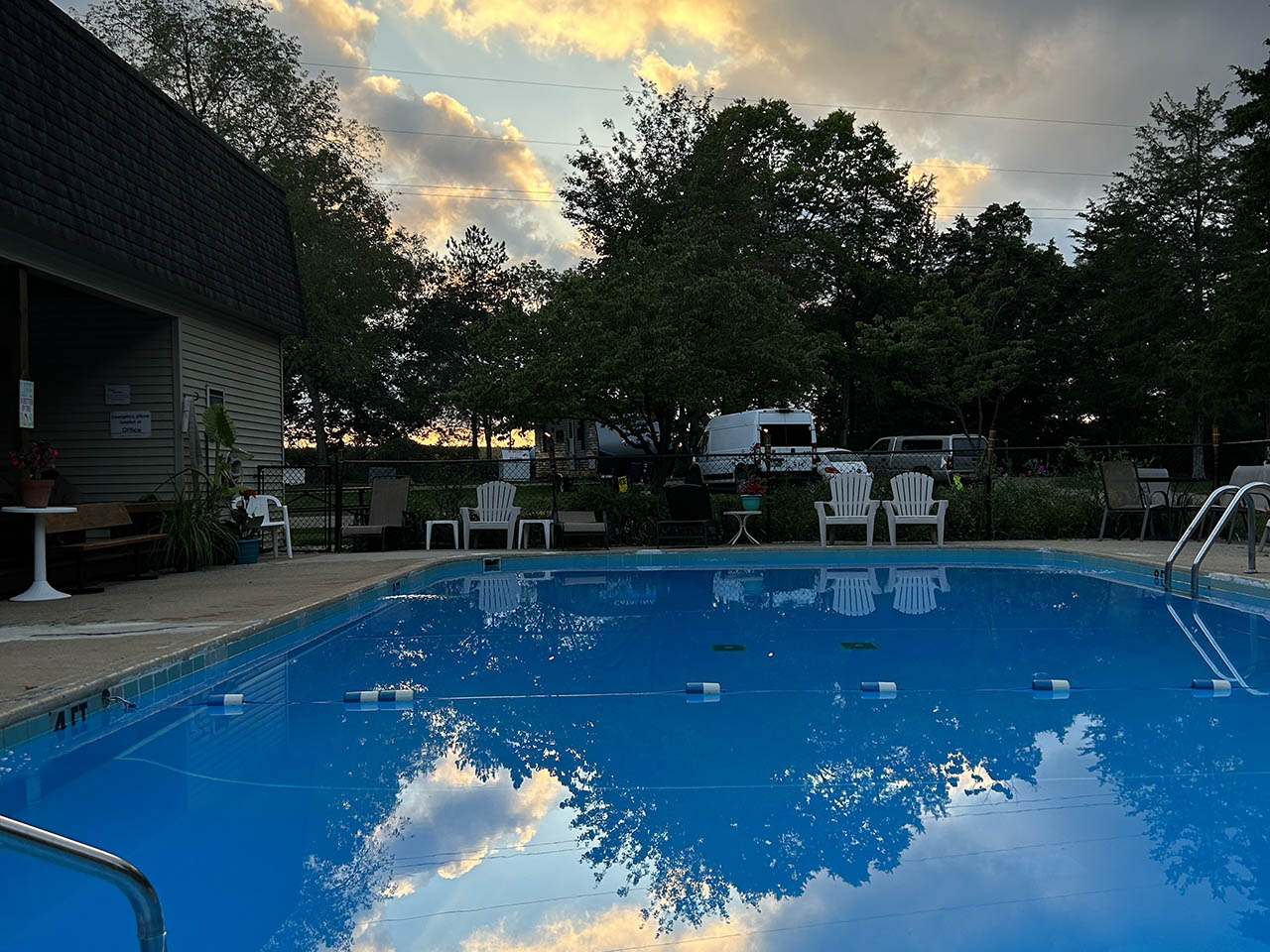 Heated Swimming Pool at Whispering Waters Campground in Hastings, MI Heated swimming pool at Whispering Waters Campground in Hastings Michigan during sunset