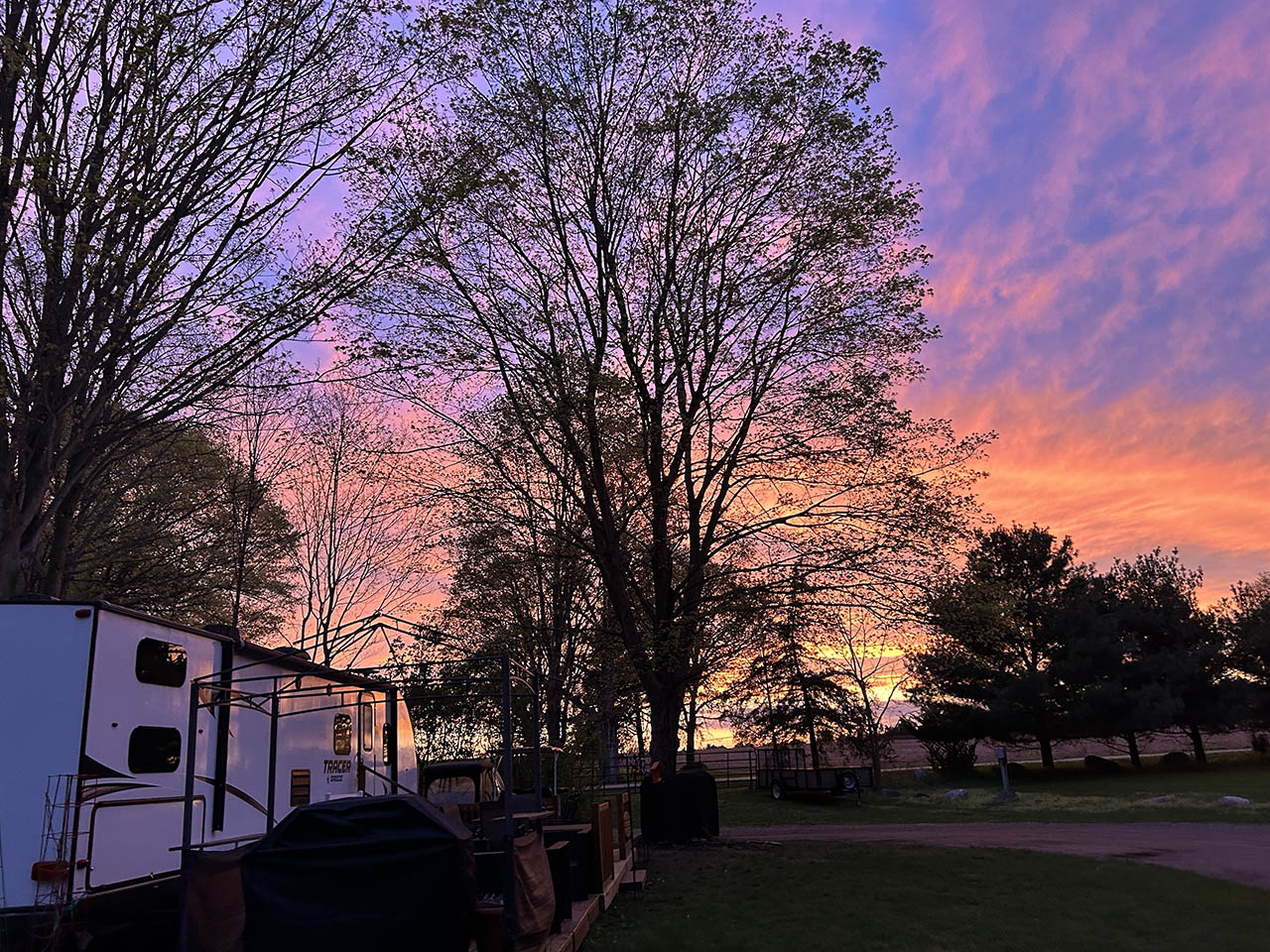 Sunset at Seasonal RV Sites at Whispering Waters Campground in Hastings, MI Sunset over seasonal RV sites at Whispering Waters Campground in Hastings Michigan